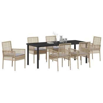 7-teiliges Garten Esszimmer Set mit Kissen Beige Poly Rattan