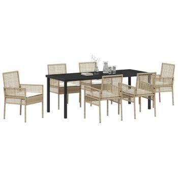 7-teiliges Garten Esszimmer Set mit Kissen Beige Poly Rattan