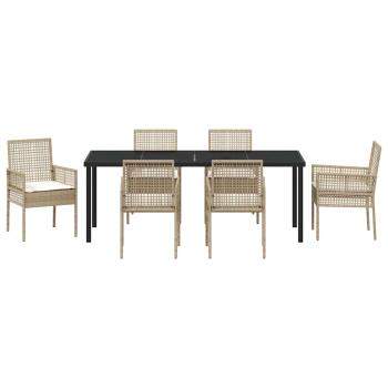 7-teiliges Garten Esszimmer Set mit Kissen Beige Poly Rattan