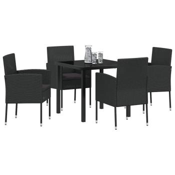 5-teiliges Garten-Ess-Set mit Kissen Schwarz Poly-Rattan