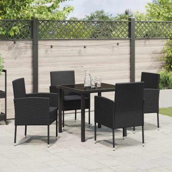 5-teiliges Garten-Ess-Set mit Kissen Schwarz Poly-Rattan