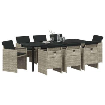 ARDEBO.de - 9-teiliges Garten Esstisch Set mit Kissen in Hellgrau aus Poly Rattan