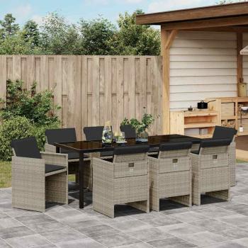 9-teiliges Garten Esstisch Set mit Kissen in Hellgrau aus Poly Rattan