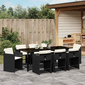 ARDEBO.de - 9-teiliges Garten-Essset mit Kissen aus schwarzem Poly-Rattan