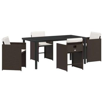 5-teiliges Garten-Ess-Set mit Kissen in braunem Poly-Rattan