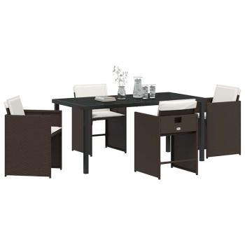 5-teiliges Garten-Ess-Set mit Kissen in braunem Poly-Rattan