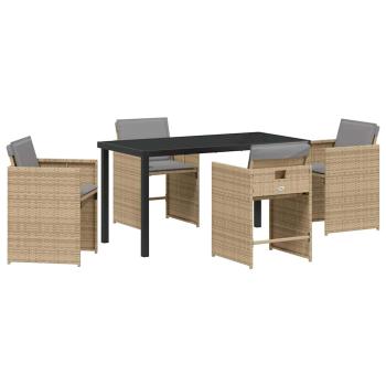 5-teiliges Garten-Ess-Set mit Kissen Beige Poly Rattan