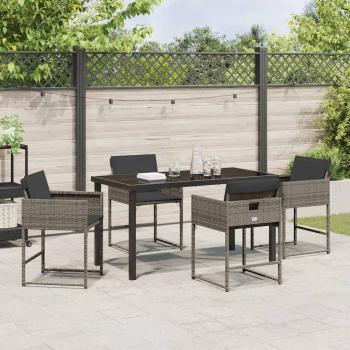 5-teilige Garten-Essgruppe mit Kissen in Grau aus Poly-Rattan