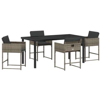 5-teiliges Garten-Essgruppen-Set mit Kissen Grau Poly-Rattan