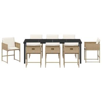 9-teiliges Garten-Essset mit Kissen Beige Poly Rattan