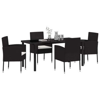 5-teiliges Garten Essset mit Kissen Schwarz Poly Rattan