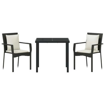 3-teiliges Garten-Ess-Set mit Kissen Schwarz Poly Rattan