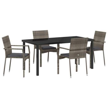 5-teiliges Garten-Essset mit Kissen Grau Poly-Rattan