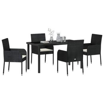 5-teilige Garten-Essgruppe mit Kissen schwarzes Poly-Rattan