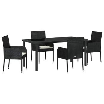 5-teiliges Garten-Ess-Set mit Kissen Schwarz Poly-Rattan