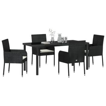 5-teiliges Garten-Ess-Set mit Kissen Schwarz Poly-Rattan