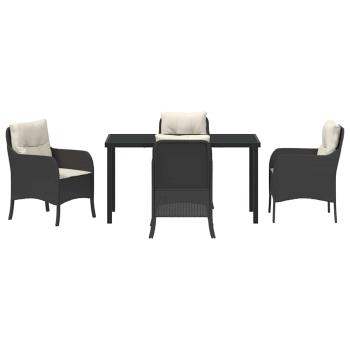 5-teiliges Garten-Ess-Set mit Kissen Schwarz Poly-Rattan