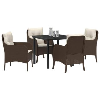 5-teiliges Garten-Ess-Set mit Kissen Braun Poly-Rattan