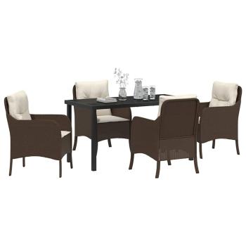 5-teiliges Garten-Esszimmer-Set mit Kissen Brauner Poly-Rattan