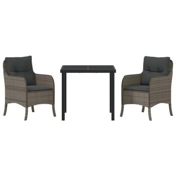 3-teiliges Garten-Esszimmer-Set mit Kissen Grau Poly Rattan
