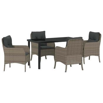 5-teiliges Garten-Ess-Set mit Kissen Grau Poly Rattan