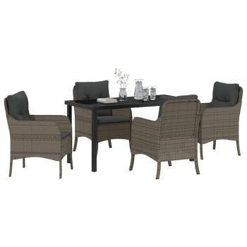 5-teiliges Garten-Ess-Set mit Kissen Grau Poly Rattan