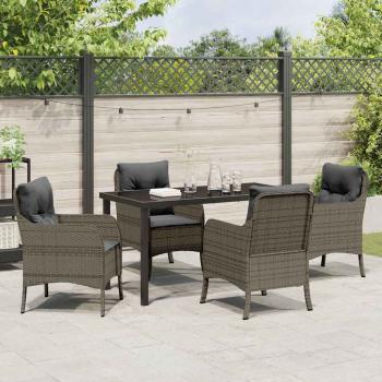 5-teiliges Garten-Ess-Set mit Kissen Grau Poly Rattan
