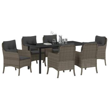 7-teiliges Garten-Ess-Set mit Kissen Grau Poly-Rattan