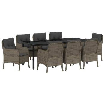 9-teiliges Garten-Esszimmer-Set mit Kissen Grau Poly Rattan