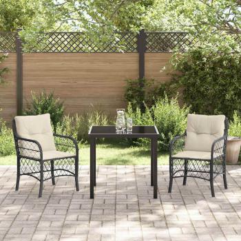 3-teiliges Garten Esstisch Set mit Kissen Schwarz Poly Rattan