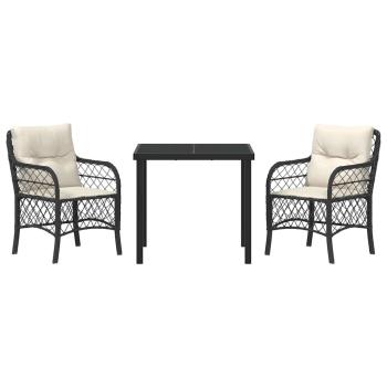 3-teiliges Garten Esstisch Set mit Kissen Schwarz Poly Rattan