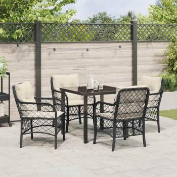 5-teiliges Garten Essset mit Kissen Schwarz Poly Rattan