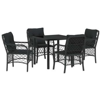 5-teiliges Garten-Dining-Set mit Kissen Schwarz Poly-Rattan