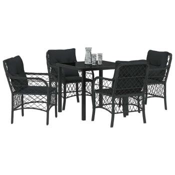 5-teiliges Garten-Dining-Set mit Kissen Schwarz Poly-Rattan