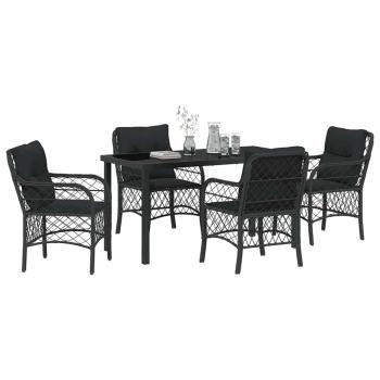 5-teiliges Garten Essset mit Kissen Schwarz Poly Rattan