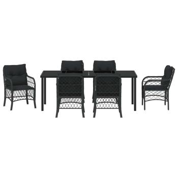 7-teiliges Garten-Ess-Set mit Kissen Schwarz Poly-Rattan