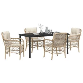 5-teiliges Garten-Ess-Set mit Kissen Beige Poly-Rattan