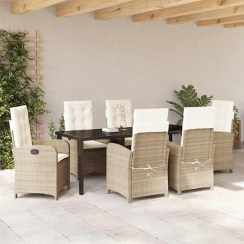 7-teiliges Garten-Dining-Set mit Kissen aus beigem Poly Rattan