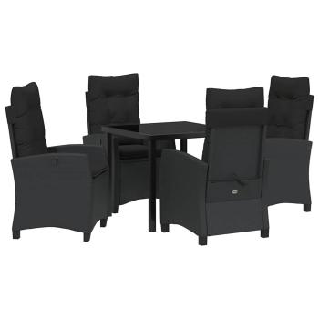 5-teiliges Garten-Esstischset mit Kissen - Schwarzes Poly-Rattan