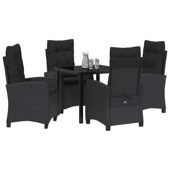 5-teiliges Garten-Esstischset mit Kissen - Schwarzes Poly-Rattan