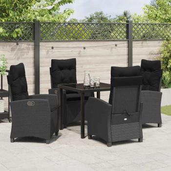 5-teiliges Garten-Esstischset mit Kissen - Schwarzes Poly-Rattan