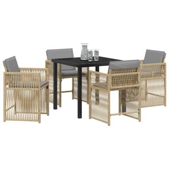 5-teiliges Garten-Esszimmer-Set mit Kissen Beige Poly Rattan