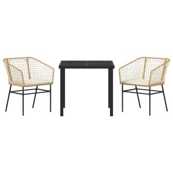 3-teiliges Garten-Essset mit Kissen Braun Poly-Rattan