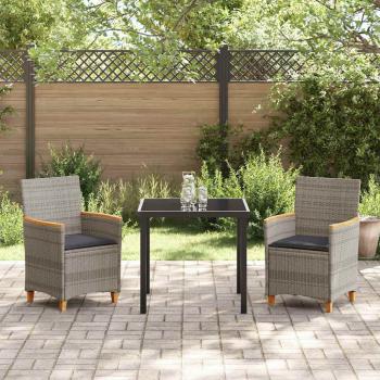 3-teiliges Garten-Dining-Set mit Kissen in Grau aus Poly-Rattan