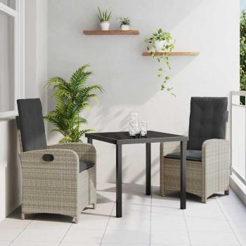 ARDEBO.de - 3-teiliges Garten-Dining-Set mit Kissen in hellgrauem Poly-Rattan