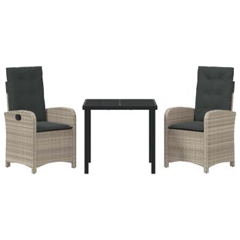 3-teiliges Garten-Dining-Set mit Kissen in hellgrauem Poly-Rattan