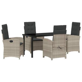 5-teiliges Garten-Dining-Set mit Kissen in hellgrauem Poly-Rattan
