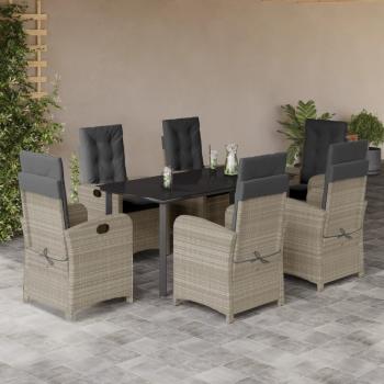 ARDEBO.de - 7-tlg. Garten-Essgruppe mit Kissen Hellgrau Poly Rattan
