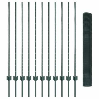 Geknoteter Drahtzaun mit 11 U-Pfosten Grün 1.2x25 m Stahl