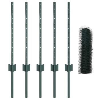 Zaunpfosten 11 Stück U-Kanal Grün 80 cm Stahl, Sechseckzaun Grün 0,5x10 m Stahl